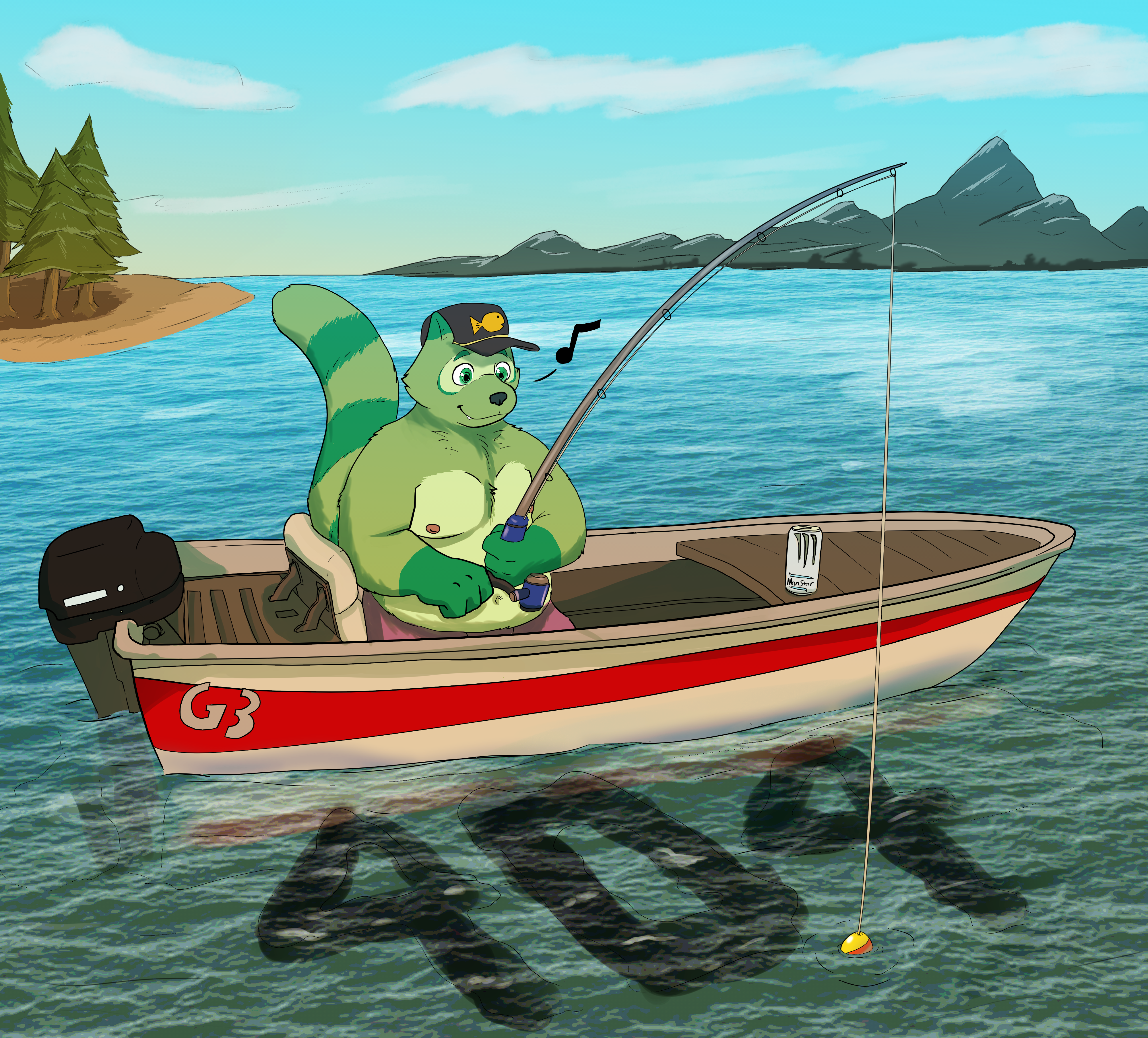 Fred the Raccoon fishing in a boat